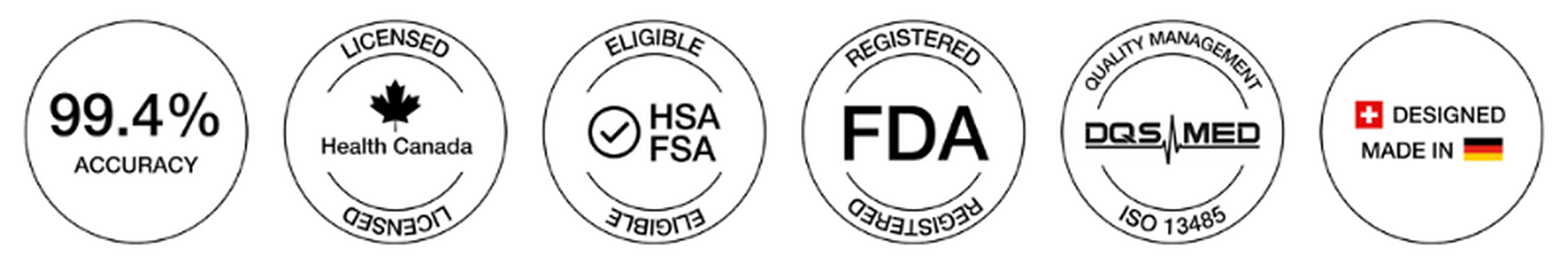 Certificeringen: 99,4% nauwkeurigheid, Health Canada toegelaten, HSA/FSA-gekwalificeerd, FDA-geregistreerd, DQS MED ISO 13485, ontworpen in Zwitserland en gemaakt in Duitsland
